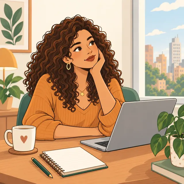 Ilustração de uma mulher refletindo diante do computador