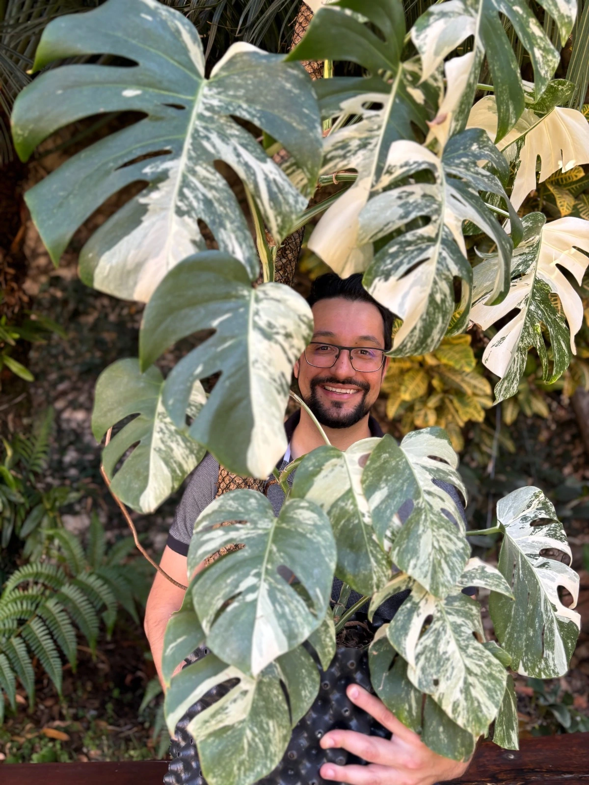 Mateus Barreiro entre as folhas de plantas